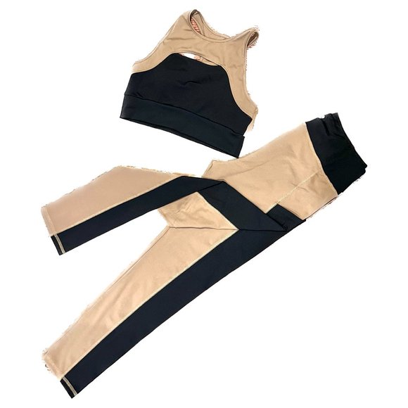 la kottee Mocha Black Colorblock Sports Bra Overlay Highwaist Leggings Set - Picture 4 of 5